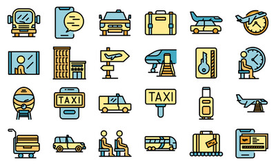 Poster - Airport transfer icons set. Outline set of airport transfer vector icons thin line color flat on white