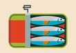 Canned sardines in flat style isolated on blue background. Vector flat illustration.