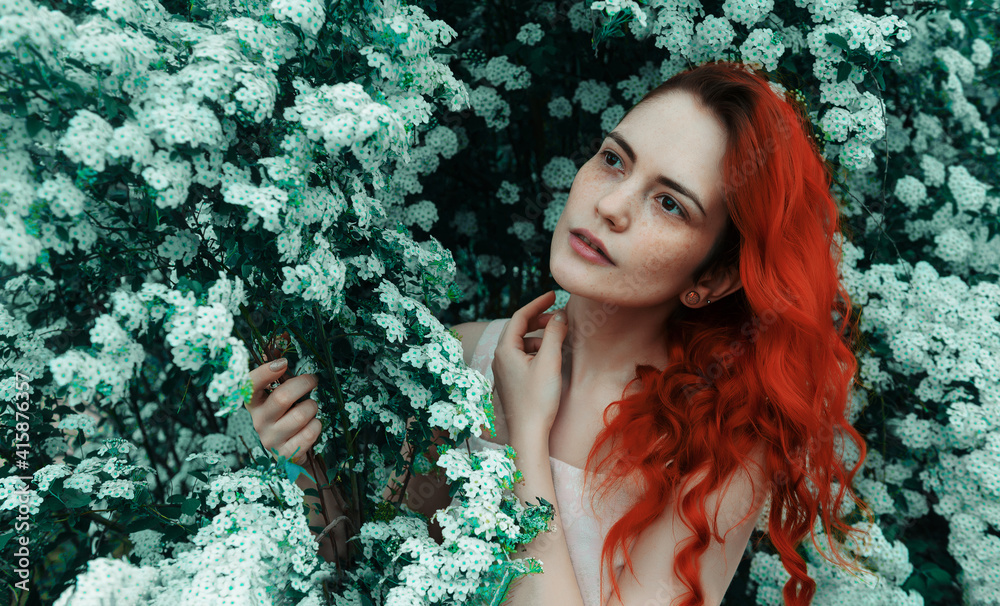 young  woman with red hair and freckles on the background of a bush with white flowers, beauty, spring - obrazy, fototapety, plakaty 
