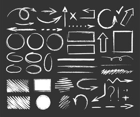 Chalk graphic elements. Vector set of hand drawn chalk with frames, arrows, oval, grunge line, rectangle, strokes, stripes. Chalk forms and brushes on school blackboard. Wavy, dashed underline strokes