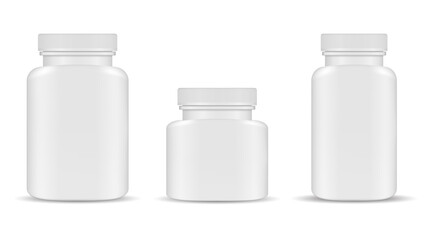 Wall Mural - Pill bottle. Plastic supplement container blank. vector pill jar, pharmaceutical capsule package mockup, medical tablet template. Health medicament packaging, big and small can for antibiotic cure