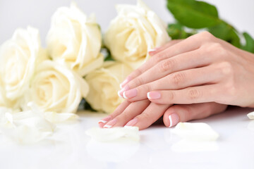 Wall Mural - Hands of a woman with beautiful french manicure and white roses