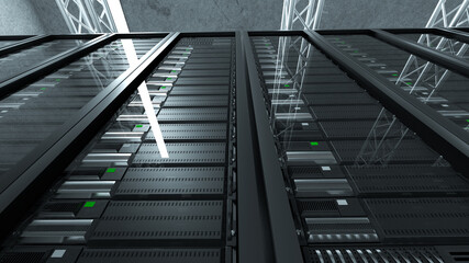 Sticker - 3D Rendered Illustration of server room big black server racks in a row. High quality photo