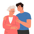 Happy adult son hugging old mother feeling love to each other. Portrait of young man hugging his grandma. Friendly family relationship. Cartoon vector flat illustration on white background. 