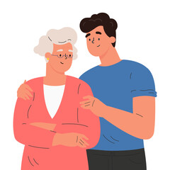 Wall Mural - Happy adult son hugging old mother feeling love to each other. Portrait of young man hugging his grandma. Friendly family relationship. Cartoon vector flat illustration on white background. 