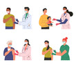 Set of different doctors and patients who came for vaccination. Concept illustration for immunity health. Adults and children at the doctors office. Flat illustration isolated on white background. 