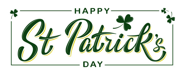 Vector Happy St Patrick's Day logotype. Hand sketched Irish celebration design with clover leaves isolated on white background. For greeting card, banner, flyer, poster