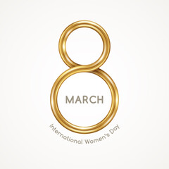 Wall Mural - March 8 symbol, glittering golden 3d eight on bright background. International Women's day poster. Vector illustration for greeting card, flyer, voucher or brochure template. Place for text.