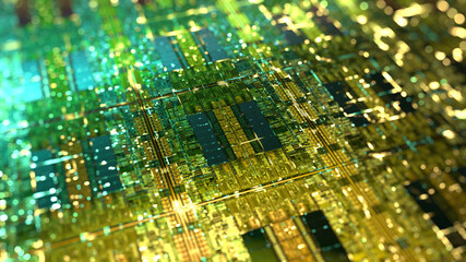 Poster - electronic computer hardware, silicon wafer with gold elements. data flow with lights. high tech sci