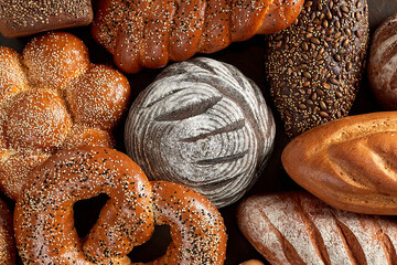 Assortment of baked goods on a dark background isometric, balance. Baked goods - golden rustic crusts of bread and buns on black chalkboard background.