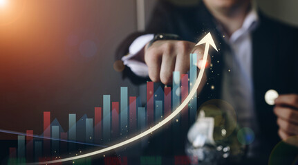 Business development to success, profit and growing  plan. Businessman finger pointing increase arrow graph chart. 