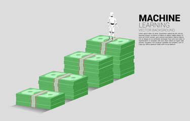 Poster - Silhouette of robot standing on top of banknote stack. Concept of artificial intelligence investment.