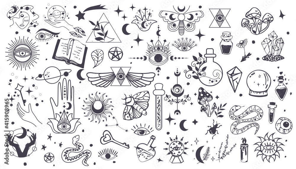 Black witch stuff. Set Witchcraft, magic elements. Collection of Mystical and Astrology objects. Mystical signs,silhouettes, zodiac signs. Vector Hand drawn elements. Astronomy. Line art illustrations - obrazy, fototapety, plakaty 