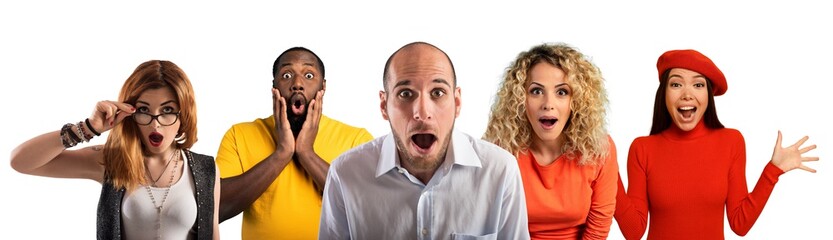 Wall Mural - people with wondered, surprised and happy expression are shocked for new revelation . isolated on wh