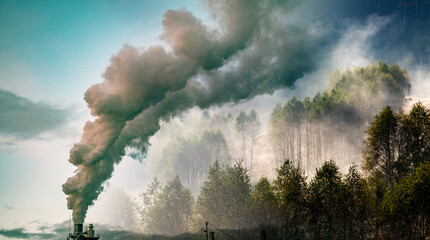 factory smoke covering green forest double exposure global warming climate change