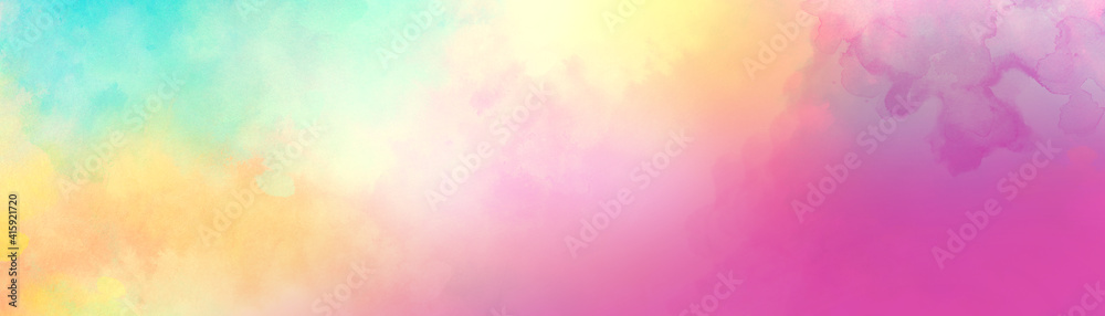 Colorful watercolor background of abstract sunset sky with puffy clouds in bright rainbow colors of pink blue yellow orange and purple - obrazy, fototapety, plakaty 