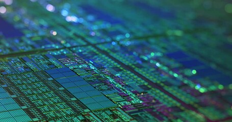 Poster - cpu circuitry die shot technology background. colorful data processing on silicon. abstract data tra