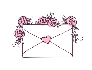 Wall Mural - letter with roses and hearts. Postal holiday outline doodle graphic design. Wedding birthday valentines day concept.