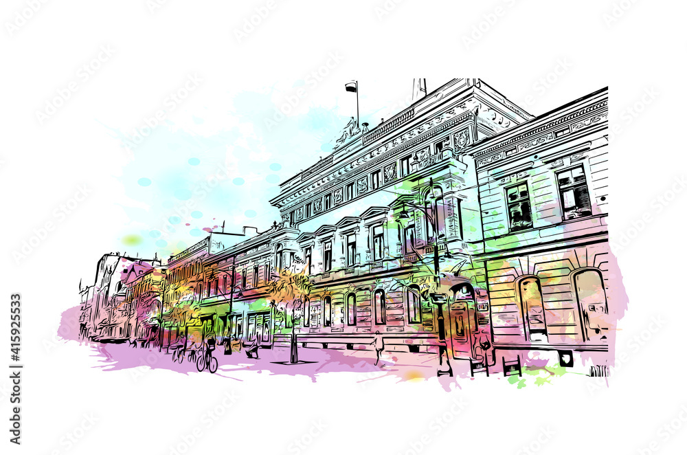 Building view with landmark of Lodz is a city in central Poland. Watercolour splash with hand drawn sketch illustration in vector. - obrazy, fototapety, plakaty 