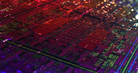 Poster - iridescent multi colored silicon computer wafer with data moving within circuitry. central computer 
