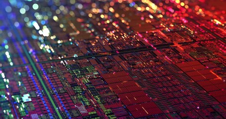 Poster - iridescent multi colored silicon computer wafer with data moving within circuitry. central computer 