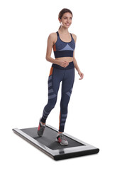 Sticker - Sporty woman using walking treadmill on white background