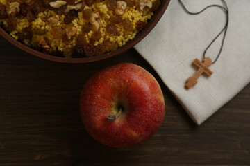 Wall Mural - Flat lay composition with Great Lent dinner and crucifix on wooden table