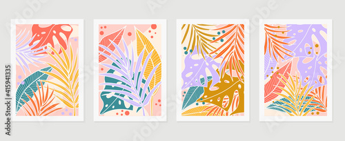 summer tropical wall arts vector. Palm leaves, monstera leaf, Botanical  background design for wall framed prints, canvas prints, poster, home decor, cover, wallpaper. © vectortwins