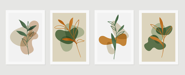 Botanical wall art vector set. Earth tone background foliage line art drawing with abstract shape and watercolor. Design for wall framed prints, canvas prints, poster, home decor, cover, wallpaper.