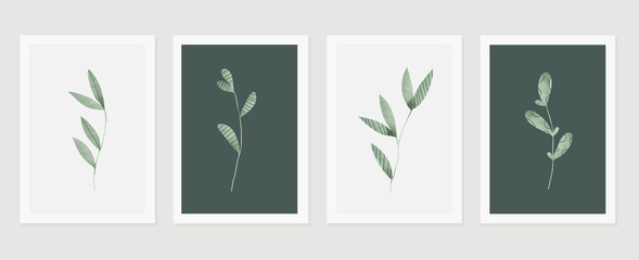 Botanical wall art vector set. Earth tone background foliage line art drawing with abstract shape and watercolor. Design for wall framed prints, canvas prints, poster, home decor, cover, wallpaper.