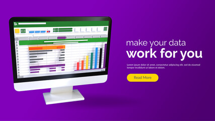 Poster - Spreadsheet on Computer screen 3d render icon. Financial accounting report concept. office things for planning, accounting, analysis, audit, project management, marketing, research data illustration