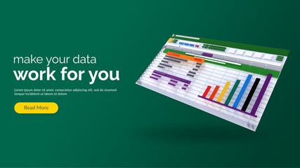 Poster - Spreadsheet screen 3d render icon. Financial accounting report concept. office things for planning, accounting, analysis, audit, project management, marketing, research data illustration