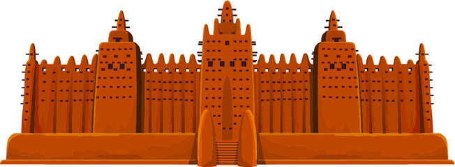 African Architecture. The mosque from clay. The color drawing isolated on a white background. Vector illustration.