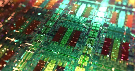 Poster - Central Computer Processors CPU Die Shot. Artificial Intelligence AI and Microchip circuit concept. Science and High Technology motion graphic background. 4K , 3D rendering