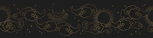 Vintage Vector Horizontal Seamless Pattern With Gold Abstract Sun, Moon, Stars And Clouds Isolated On Black Background. Mystical Illustration For Print, Fabric, Brochure, Card, Wallpaper
