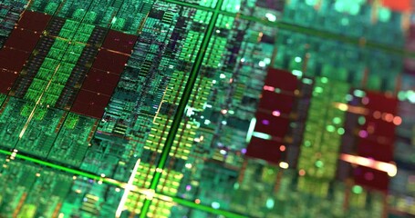 Poster - Central Computer Processors CPU Die Shot. Artificial Intelligence AI and Microchip circuit concept. Science and High Technology motion graphic background. 4K loop, 3D rendering