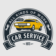 Wall Mural - Car repair service, vintage Logo design concept with classic retro car. Vector illustration