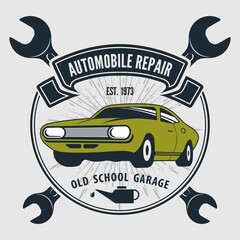 Wall Mural - Car repair service, vintage Logo design concept with classic retro car. Vector illustration