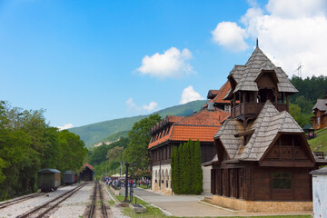 Wall Mural - Wood cabin structure at Sargan Eight train station, a narrow-gauge heritage railway, Mokra Gora, Serbia