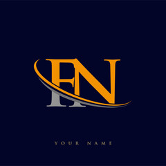 initial letter FN logotype company name yellow and grey swoosh design. isolated on dark background.