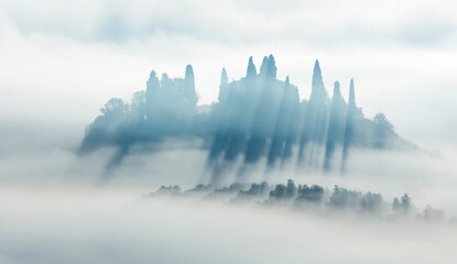 Wall Mural - Silhouette of foggy valley - Minimalistic misty panoramic landscape