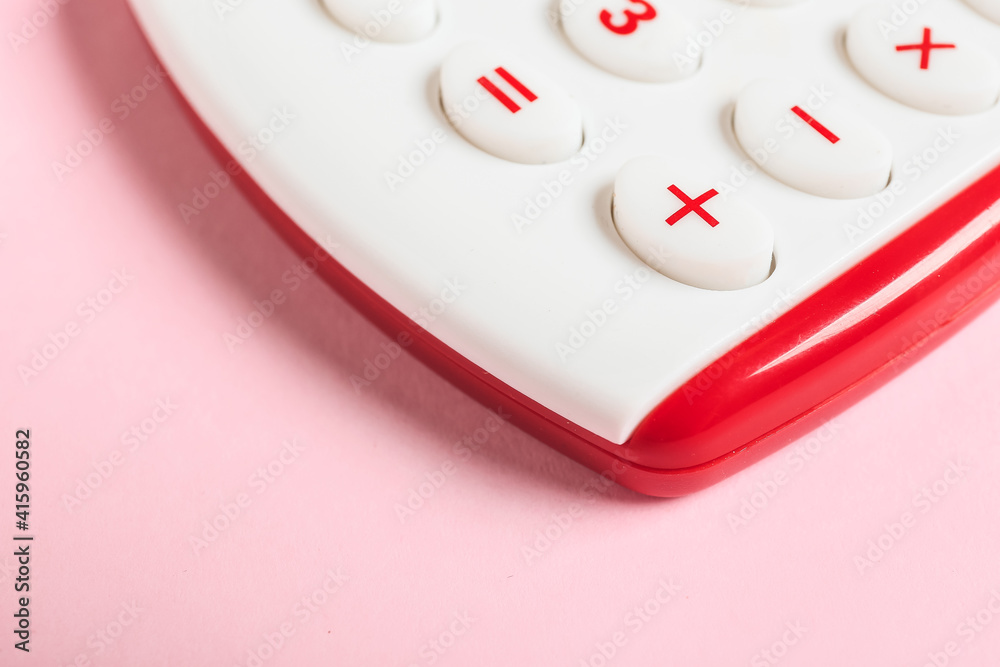 Modern calculator on color background, closeup