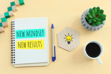 Poster - concept image with new mindset new results text. top view of office table