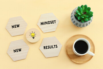 Poster - concept image with new mindset new results text. top view of office table