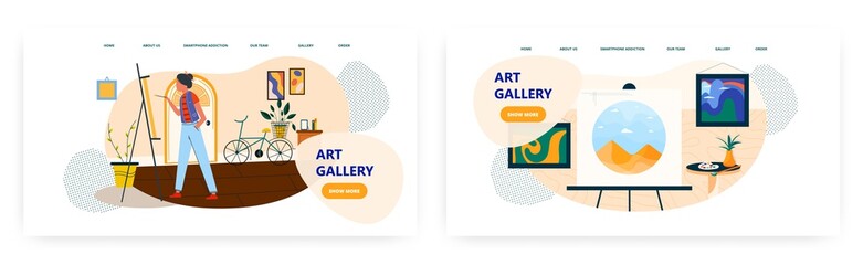 Art gallery landing page design, website banner vector template set. Art museum, exhibition of paintings.