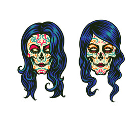 Wall Mural - Sugar skull girl, hand drawn line style with digital color, vector illustration