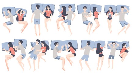 Night poses of sleep couple lying in cozy bed a set of vector illustrations