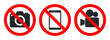 No Photographing prohibition sign symbol icon. Video, photo, phone, prohibited logo pictogram. Vector illustration. Isolated on white background.