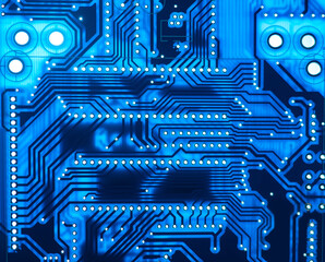 Poster - Blue technological background. Background on theme of modern equipment. Digital circuit board is blue. Computer circuit board close-up. Background consists of a circuit board. Technology texture.