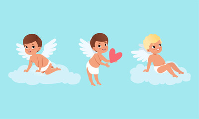 Wall Mural - Cute Baby Cherubs Angels with Wings Set, Lovely Boys Cupid Characters in Different Actions Cartoon Vector Illustration